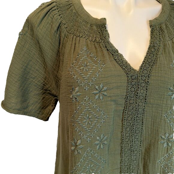 Boho Cottagecore Peasant Lucky Brand A-Line Dress Olive Green M - Picture 2 of 9